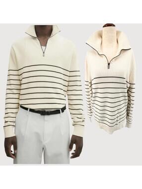 Massimo Dutti Zip Sweater Cream Striped Cotton L
